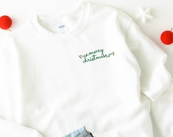 Embroidered Merry Christmas String Lights Adult Unisex Crewneck Sweatshirt | Minimalist Christmas Sweater