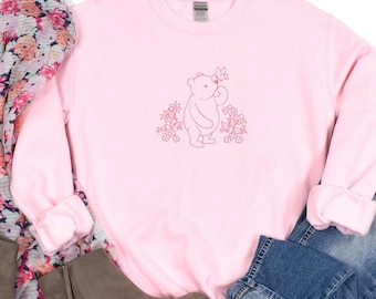 Nalle Puh med broderade blommor unisex tröja med rund hals | Disney World-tröja | Magic Kingdom-tröja