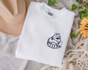 Coffee Raccoon Embroidered Unisex Crewneck Sweatshirt | Coffee Sweatshirt | Funny Raccoon Sweatshirt | Need Caffeine Sweater