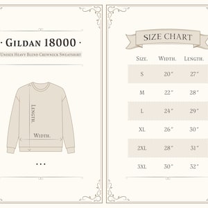 Puede incluir: Tabla de tallas para una sudadera con cuello redondo de mezcla pesada unisex Gildan 18000. La tabla muestra las tallas S a 3XL con las medidas de ancho y largo correspondientes en pulgadas.