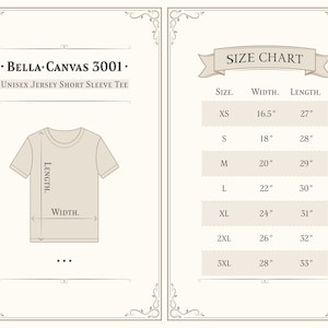 May include: Size chart for Bella + Canvas 3001 unisex jersey short sleeve tee. The chart shows sizes XS through 3XL with corresponding width and length measurements in inches.