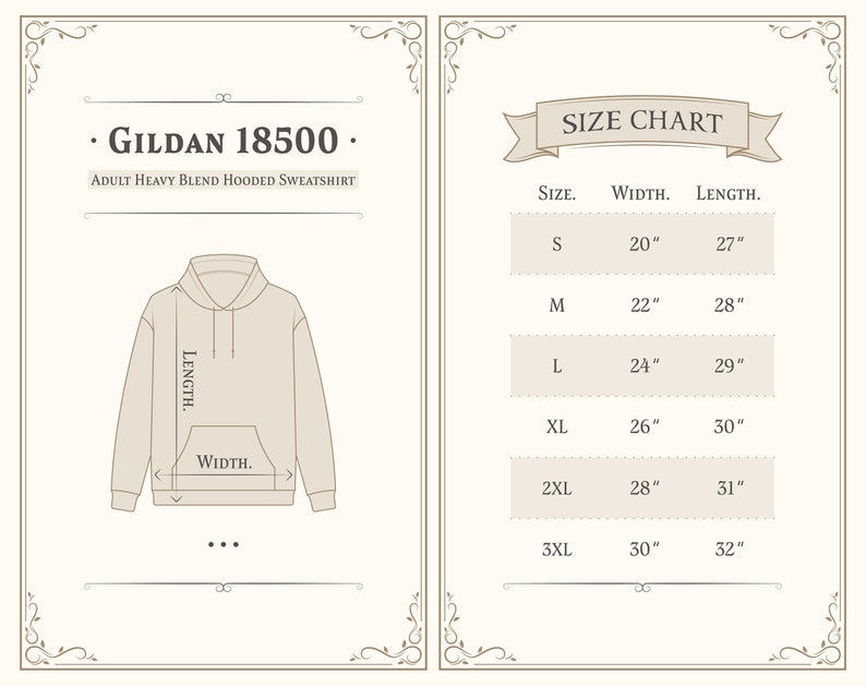 May include: Size chart for a Gildan 18500 adult heavy blend hooded sweatshirt. The chart shows the width and length in inches for sizes S, M, L, XL, 2XL, and 3XL.