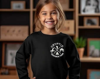 Youth Cryptid Research Embroidered Crewneck Sweatshirt | Kid's Cryptid Sweater | Bigfoot | Loch Ness Monster | Illuminati | Aliens