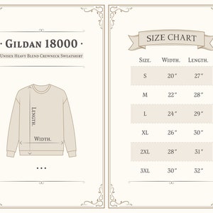 May include: Size chart for a Gildan 18000 unisex heavy blend crewneck sweatshirt. The chart shows sizes S through 3XL with corresponding width and length measurements in inches.