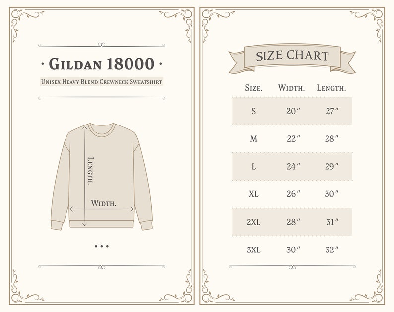 May include: Size chart for a Gildan 18000 unisex heavy blend crewneck sweatshirt. The chart shows sizes S through 3XL with corresponding width and length measurements in inches.