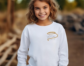 Youth Sheriff Woody Autograph Embroidered Crewneck Sweatshirt | Kid's Disney Sweater | Toy Story Sweatshirt