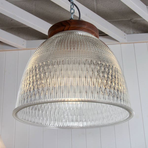 Ceiling light, pendant lamp, Reclaimed Holophane Glass Factory Lamp with Hand Turned Wooden Top 39 cm diameter Large Glass ceiling light,