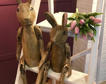 Wooden Hares, Articulated Puppet, wooden doll, wooden puppet, wooden gift, mad hare