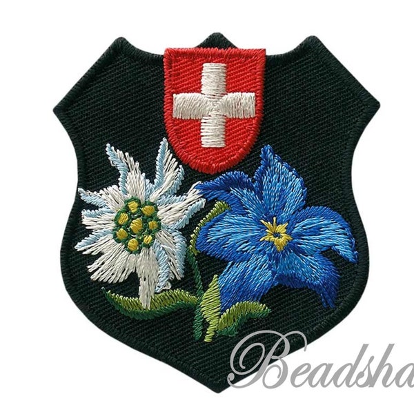 Bügelbild Schweizer Wappen Applikation Enzian Edelweiß