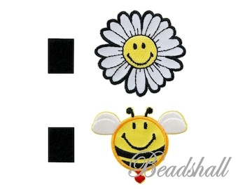 2 Bügelbilder original SMILEY®World Biene und Blume Wechselpatch mit Klettband