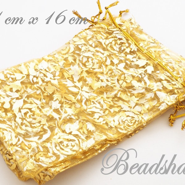 10 Organzasäckchen Gold Gelb mit Blumenmuster