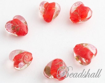 8 Glasperlen Lampwork Herzen Rot-Transparent