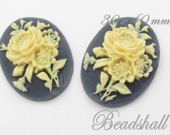 4 Cabochons 30 mm x 40 mm Gelbe Rose Resin Klebesteine