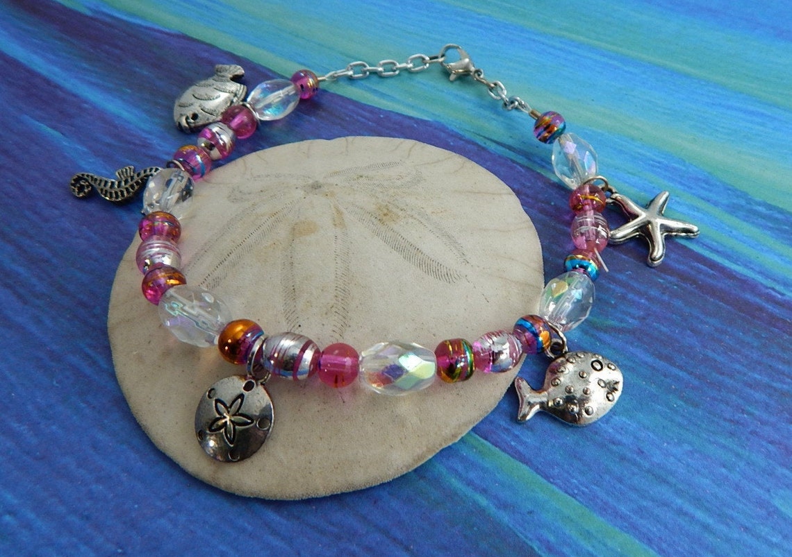 Beaded Beach Charm Bracelet Beach Themed Jewelry Sea Shell Etsy