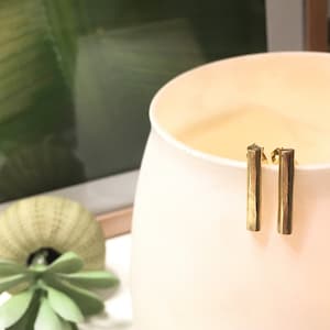May include: A pair of gold-toned bar earrings with a hammered texture.