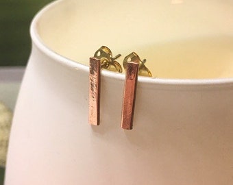 Hand Forged Copper Bar Stud Earrings – Minimalist Dainty Design