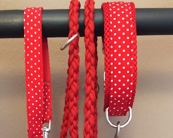 Collar and leash for dogs, hand strap to match the collar, customizable with engraving, various extras, matching set Polka Dots Red