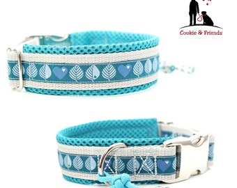 Dog collar - Woods turquoise/grey. Optionally with padding, engraving and/or name tag. Various closures to choose from.