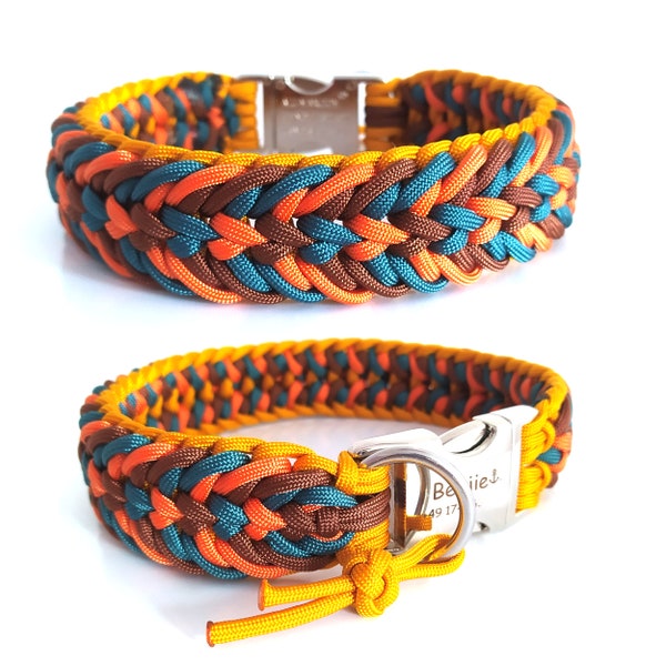 Dog collar braided from paracord. Stable, durable and perfect for your dog! Personalized with engraving on request. Pattern: Fun