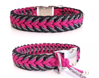 May include: A pink and black braided dog collar with a silver buckle and a silver tag that says "PHOEBE".