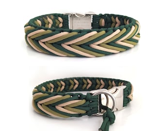 Emerald green braided paracord dog collar, customizable with engraving, different clasps to choose from, pattern: Arrow