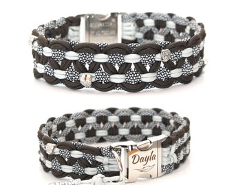 Durable, sturdy paracord dog collar with beads and name tag. Personalized with engraving on request. Pattern: Big Wave