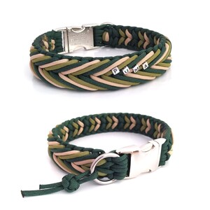 Könnte beinhalten: Ein grünes und braunes Paracord-Hundehalsband mit einer silbernen Schnalle und einem Namensschild mit der Aufschrift "PUMA".