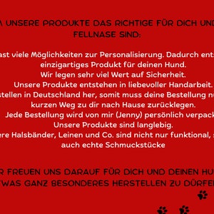 May include: Red background with white text explaining why the products are the right choice for you and your dog. The text reads "WARUM UNSERE PRODUKTE DAS RICHTIGE F&Uuml;R DICH UND DEINE FELLNASE SIND:" followed by a list of reasons. The text at the bottom reads "WIR FREUEN UNS DARAUF F&Uuml;R DICH UND DEINEN HUND ETWAS GANZ BESONDERES HERSTELLEN ZU D&Uuml;RFEN."