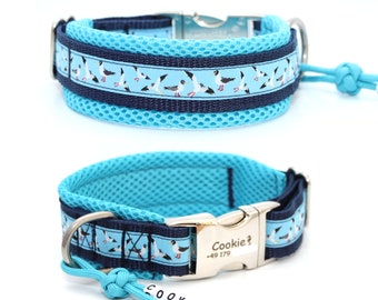 Nautical dog collar - seagulls. Optionally with lining, engraving and/or name tag. Different closures available.