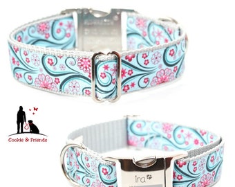 Playful dog collar - Swirl mint/grey. Optionally with padding, engraving and/or name tag. Various closures to choose from.