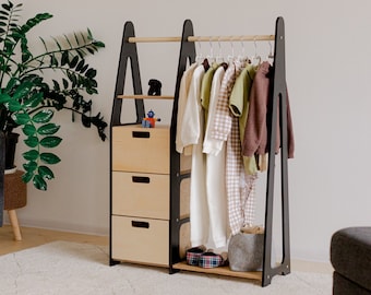 Montessori Children's Wardrobe: Wood Clothing Rack with Drawers