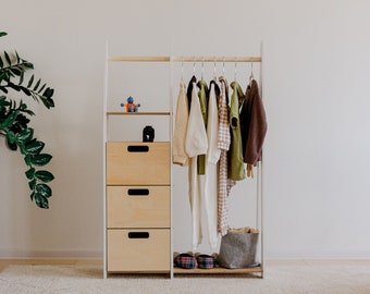 Children wardrobe Montessori clothing rack Wooden clothing rack Wood frame rack Toddler wardrobe Clothing rack with drawers Kids furniture