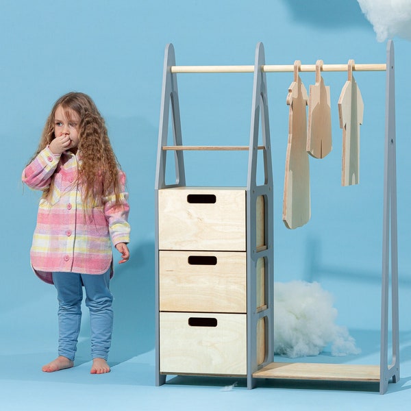 Children wardrobe Montessori clothing rack Wooden clothing rack Wood frame rack Toddler wardrobe Clothing rack with drawers Kids furniture