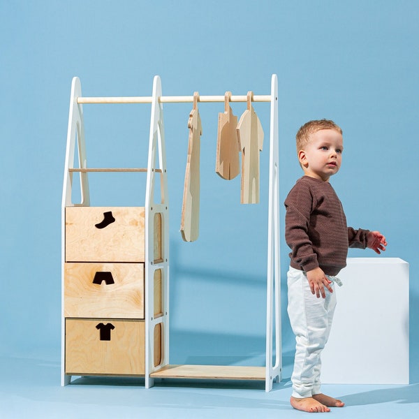 Armario para niños Estante de ropa Montessori Estante de ropa de madera Estante de marco de madera Armario para niños pequeños Estante de ropa con cajones Muebles para niños