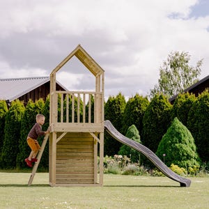 Outdoor Wooden Playhouse for Kids – Minimalist Backyard Cabin, Natural Wood Play House, Playhouse with slide, Minimalist Playhouse