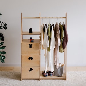 Penderie pour enfants Penderie Montessori Penderie en bois Penderie avec cadre en bois Penderie pour tout-petits Penderie avec tiroirs Meubles pour enfants
