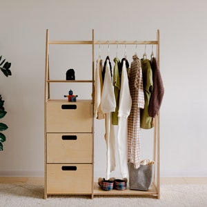 Armoire pour enfants Porte-vêtements Montessori Porte-manteau en bois Armoire Montessori Porte-vêtements avec tiroirs Meubles pour enfants