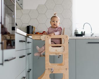 Foldable Montessori Kitchen Tower: Converts to Desk, Chair & High Chair