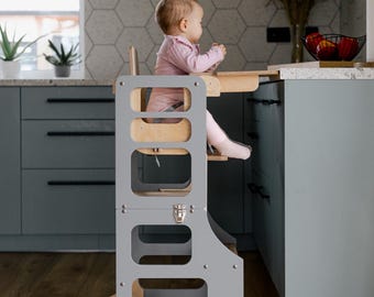 4-in-1 foldable Montessori wooden high chair transformable toddler tower kids desk and chair set kitchen tower for kids