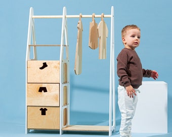 Armadio per bambini Appendiabiti Montessori Appendiabiti in legno Appendiabiti con struttura in legno Armadio per bambini Appendiabiti con cassetti Mobili per bambini