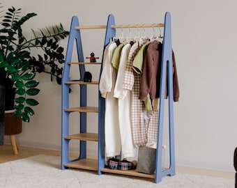 Montessori Children's Wardrobe: Wooden Clothing Rack with Drawers Kindergarderobe meuble enfant