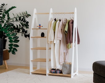 Montessori Children's Wardrobe, Wood Clothing Rack with Drawers