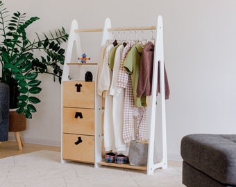 Children wardrobe Montessori clothing rack Wooden clothing rack Wood frame rack Toddler wardrobe Clothing rack with drawers Kids furniture