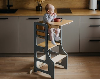 3-in-1 convertible Montessori wooden high chair transformable toddler tower converting to kids desk and chair set kitchen tower for kids