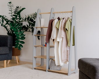 Montessori Children's Wardrobe, Wooden Clothing Rack with Drawers
