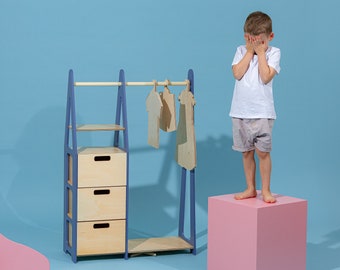 Armario para niños Estante de ropa Montessori Estante de ropa de madera Estante de marco de madera Armario para niños pequeños Estante de ropa con cajones Muebles para niños