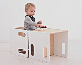 Montessori Cube Chair Set, White Baltic Birch, Weaning Table