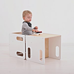 Montessori cube chair, White cube chair, Weaning table and chair, Adjustable cube chair, Kids table, Wooden table and chair