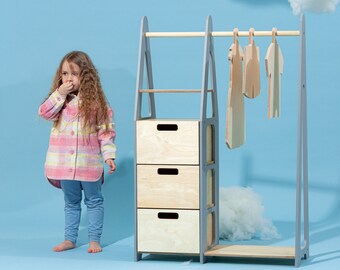 Armario para niños Estante de ropa Montessori Estante de ropa de madera Estante de marco de madera Armario para niños pequeños Estante de ropa con cajones Muebles para niños