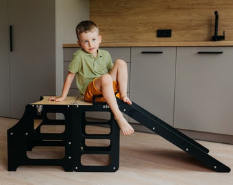 Torre de cocina plegable con tobogán, mueble Montessori 3 en 1